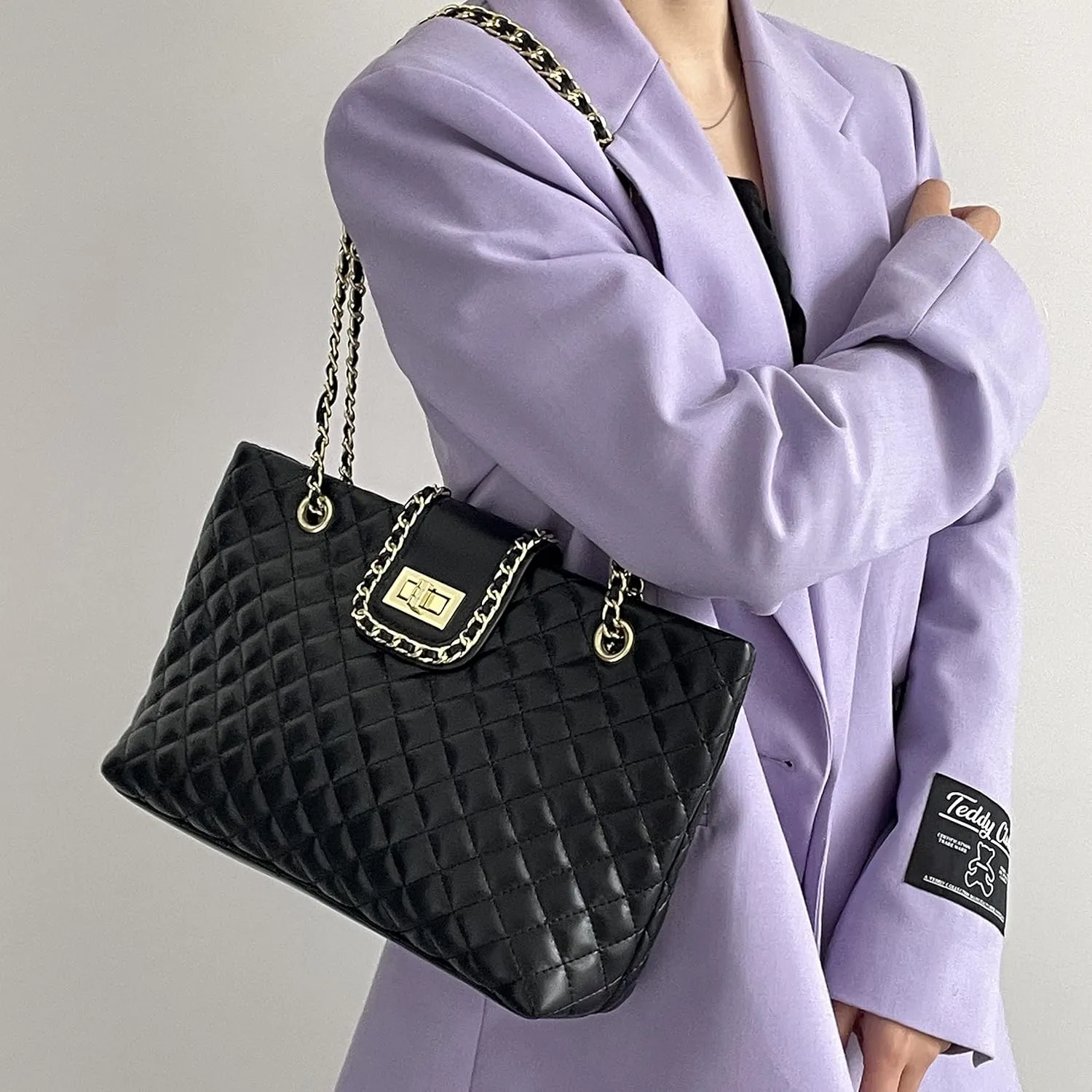 11.8"/13.4" Women Quilted Double Strap Large Tote Bag Shoulder Bag Hobo Tote Handbag（2 Sizes Available）