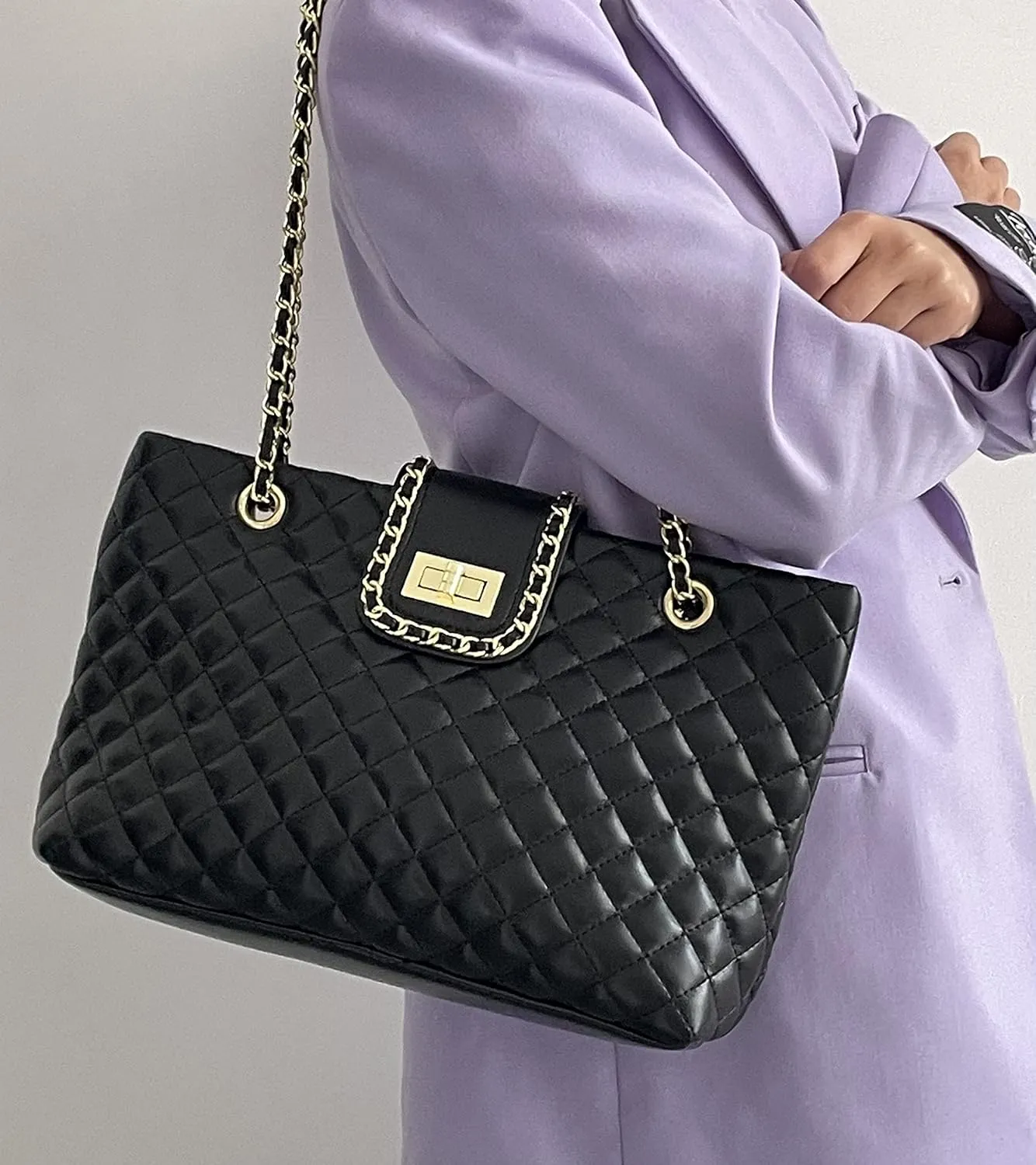 11.8"/13.4" Women Quilted Double Strap Large Tote Bag Shoulder Bag Hobo Tote Handbag（2 Sizes Available）