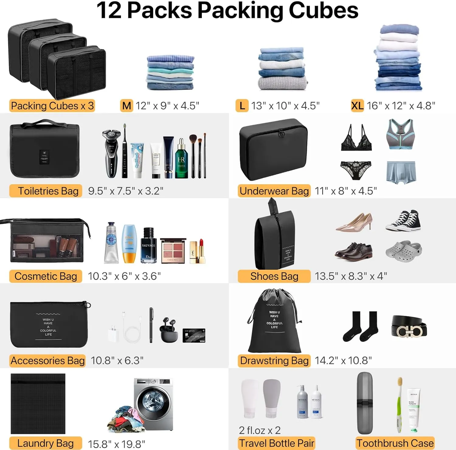13-Piece Packing Set (Black) - Compression Cubes for Travel, Suitcases, Backpacks & Carry-Ons