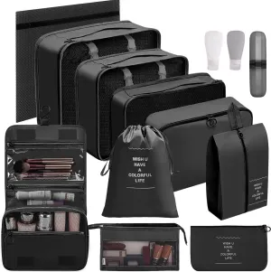 13-Piece Packing Set (Black) - Compression Cubes for Travel, Suitcases, Backpacks & Carry-Ons