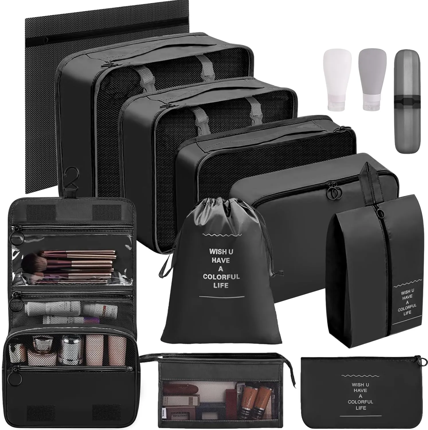 13-Piece Packing Set (Black) - Compression Cubes for Travel, Suitcases, Backpacks & Carry-Ons