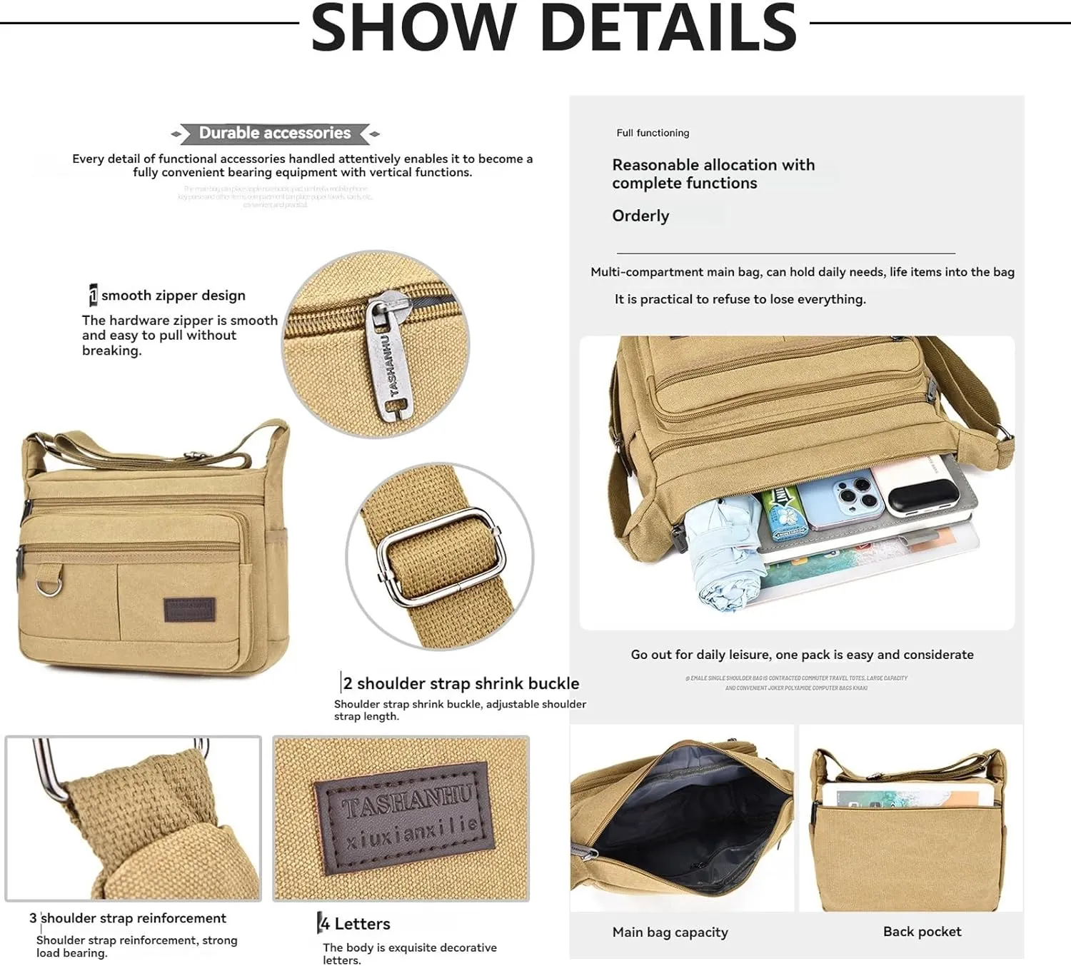 13 "Canvas Crossbody Bag Multi Pocket Outdoor Activity Crossbody Bag Business Travel Messenger Bag Laptop Computer Bag
