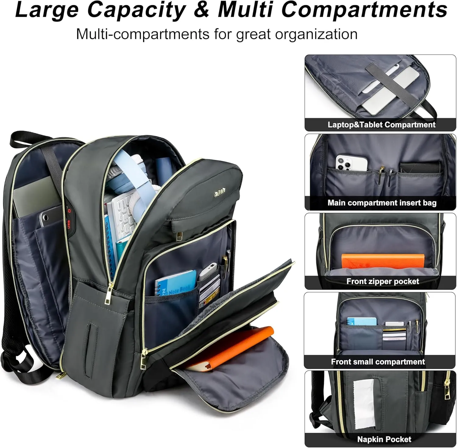 17 Inch Laptop Backpack,Convertible Large Capacity Water-repellent Quilted Casual Daypack with USB Port,Work Business Travel Computer College Bags,Black-Grey(2326H-03)