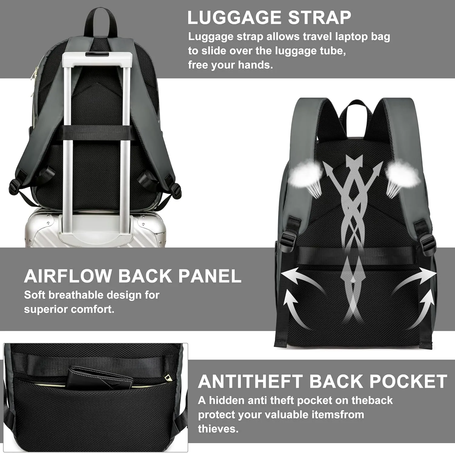 17 Inch Laptop Backpack,Convertible Large Capacity Water-repellent Quilted Casual Daypack with USB Port,Work Business Travel Computer College Bags,Black-Grey(2326H-03)