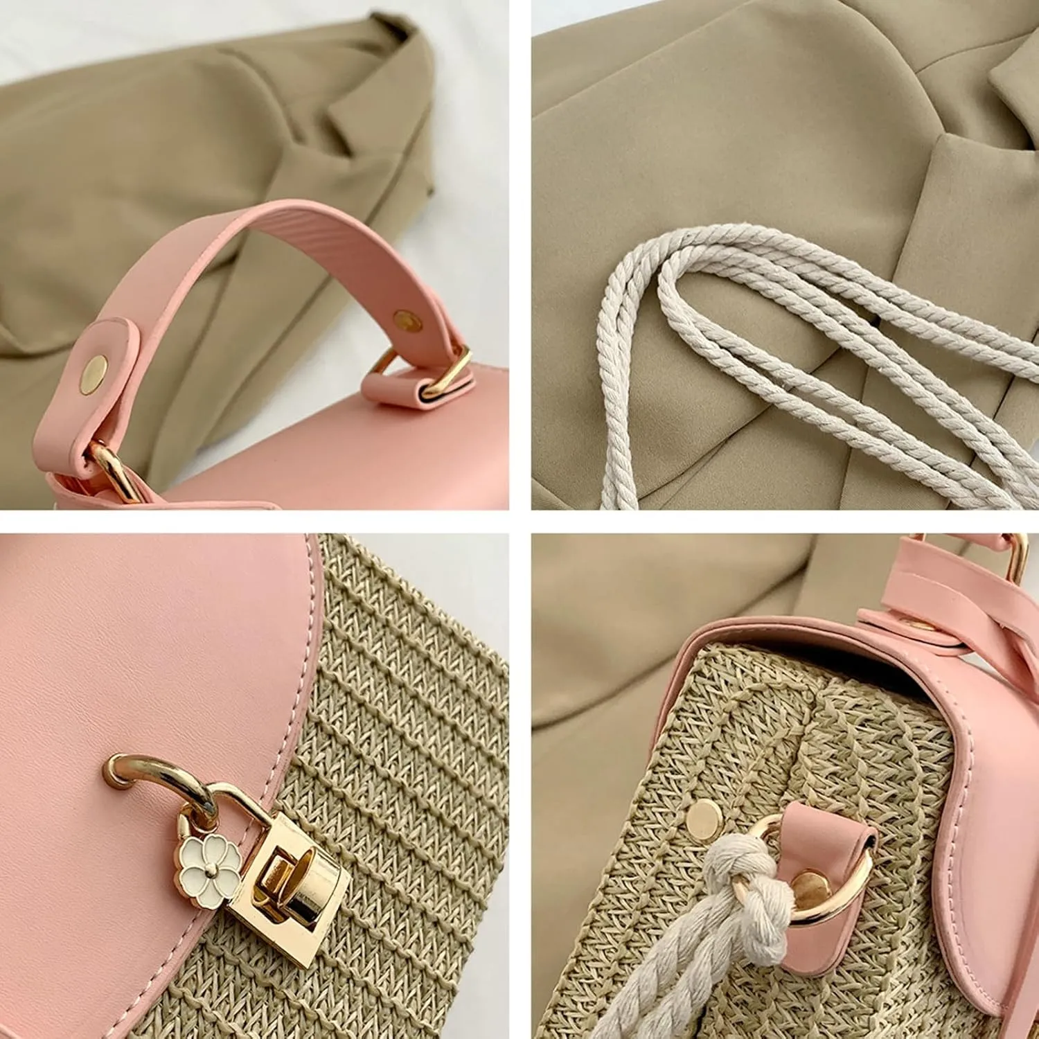 2025 Woven Straw Satchel Crossbody Bag Women Flap Box Shoulder Handbag PU Handle Cotton Rope Strap