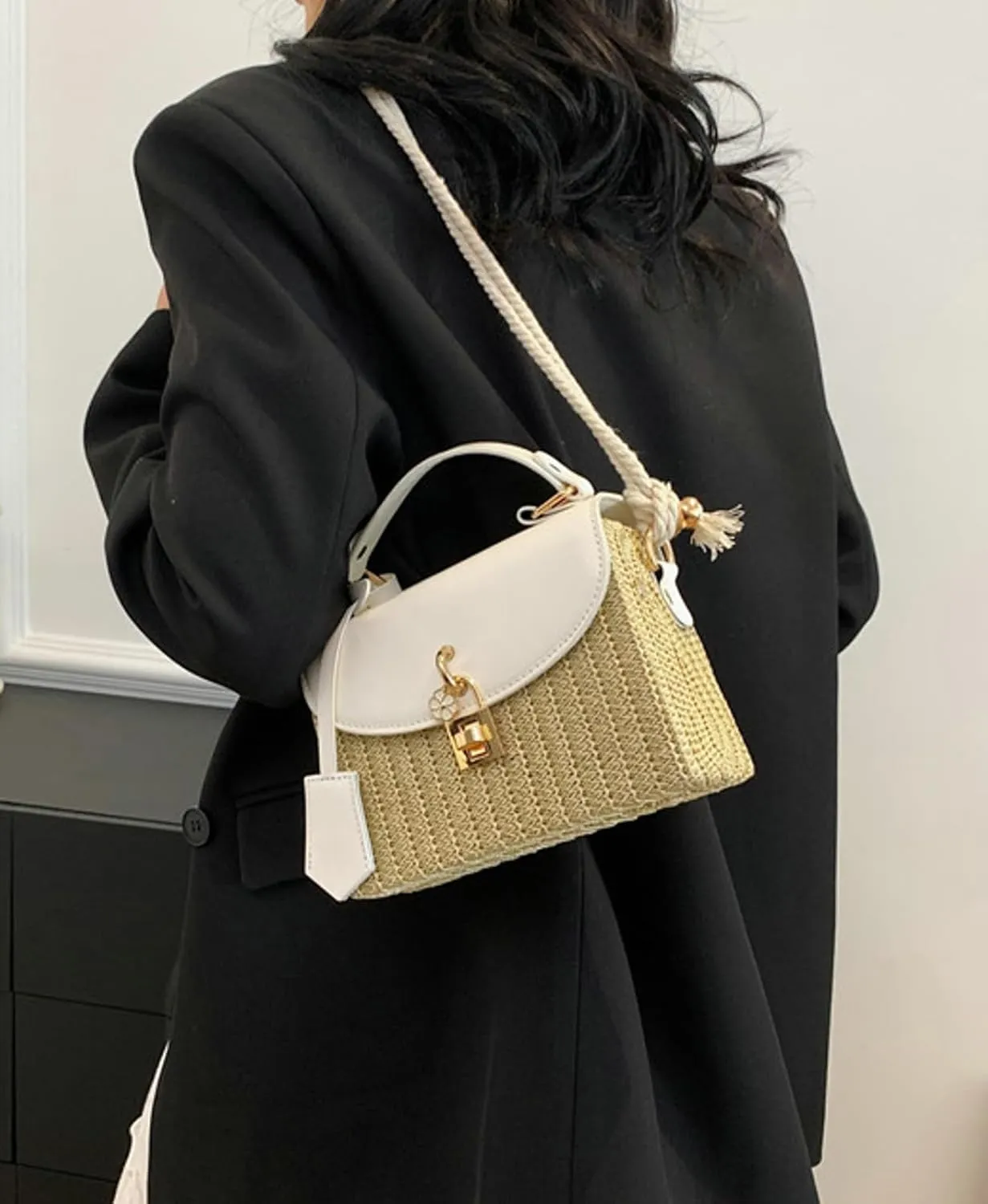 2025 Woven Straw Satchel Crossbody Bag Women Flap Box Shoulder Handbag PU Handle Cotton Rope Strap