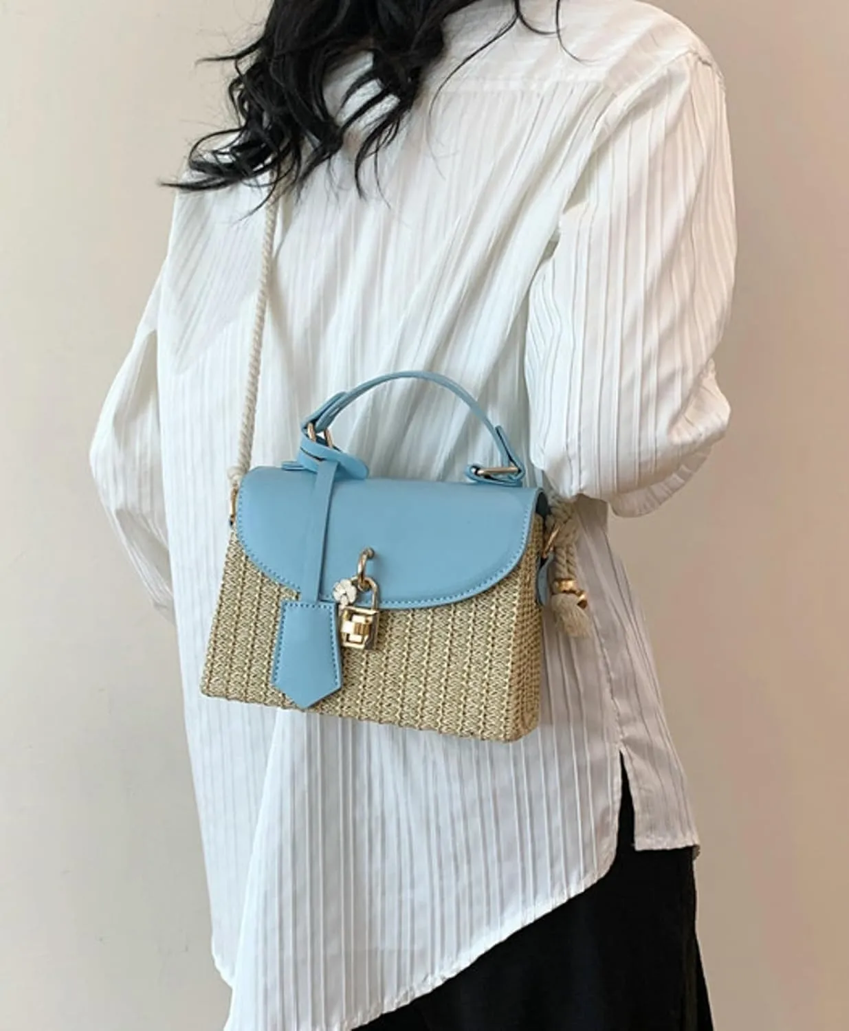 2025 Woven Straw Satchel Crossbody Bag Women Flap Box Shoulder Handbag PU Handle Cotton Rope Strap