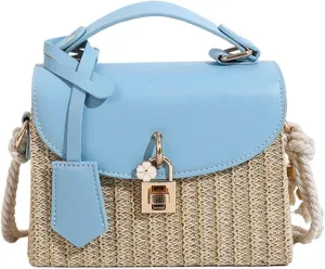 2025 Woven Straw Satchel Crossbody Bag Women Flap Box Shoulder Handbag PU Handle Cotton Rope Strap