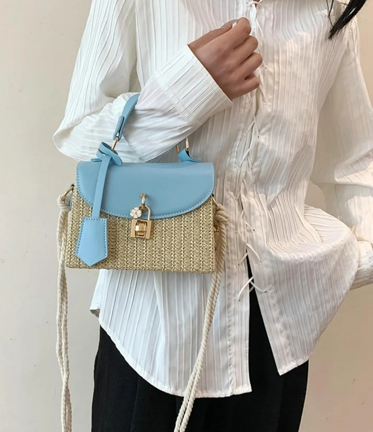 2025 Woven Straw Satchel Crossbody Bag Women Flap Box Shoulder Handbag PU Handle Cotton Rope Strap