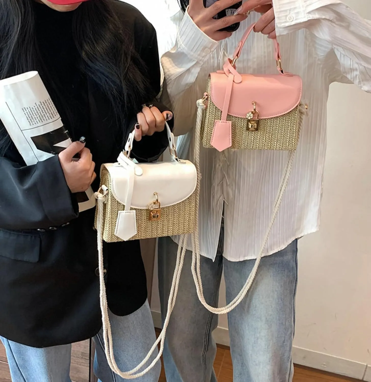 2025 Woven Straw Satchel Crossbody Bag Women Flap Box Shoulder Handbag PU Handle Cotton Rope Strap