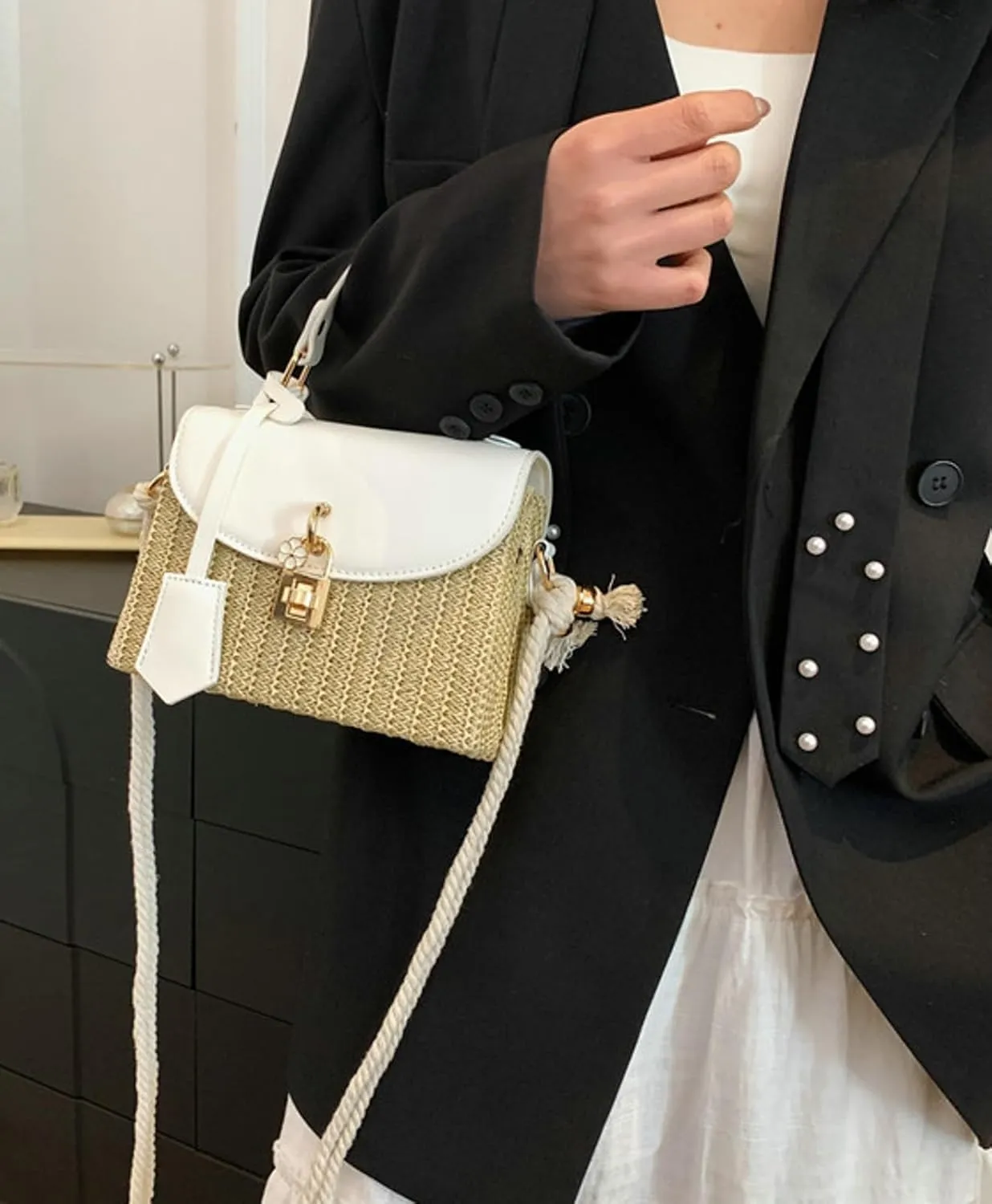 2025 Woven Straw Satchel Crossbody Bag Women Flap Box Shoulder Handbag PU Handle Cotton Rope Strap