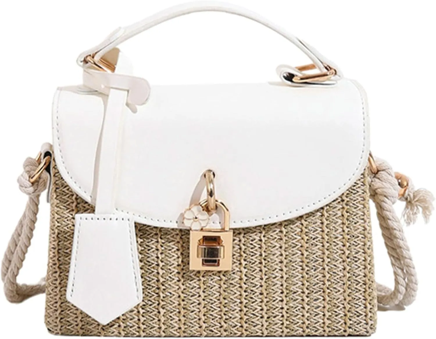 2025 Woven Straw Satchel Crossbody Bag Women Flap Box Shoulder Handbag PU Handle Cotton Rope Strap