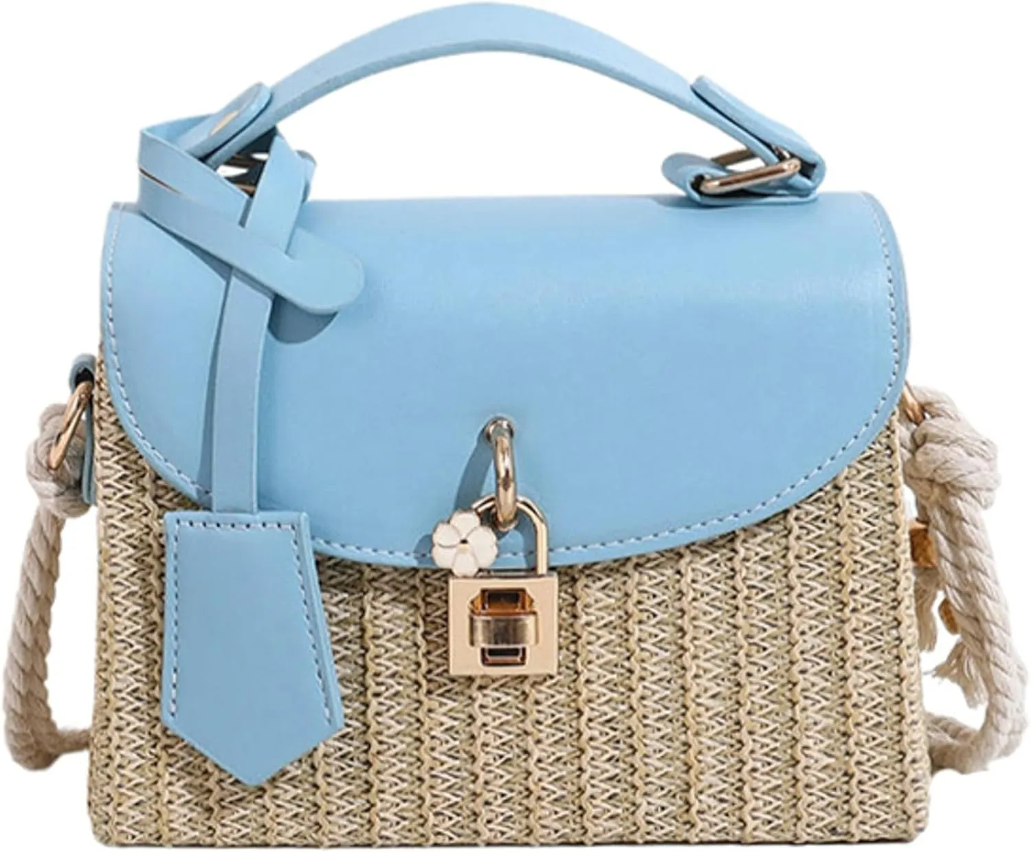 2025 Woven Straw Satchel Crossbody Bag Women Flap Box Shoulder Handbag PU Handle Cotton Rope Strap