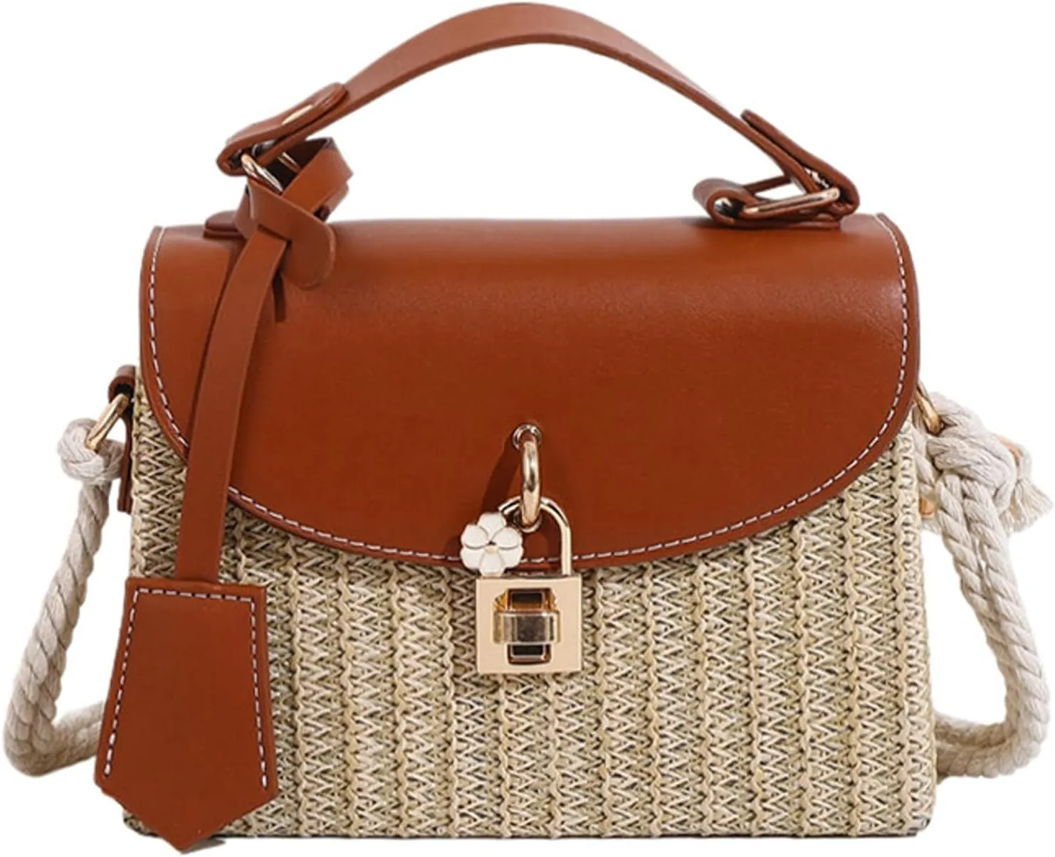 2025 Woven Straw Satchel Crossbody Bag Women Flap Box Shoulder Handbag PU Handle Cotton Rope Strap
