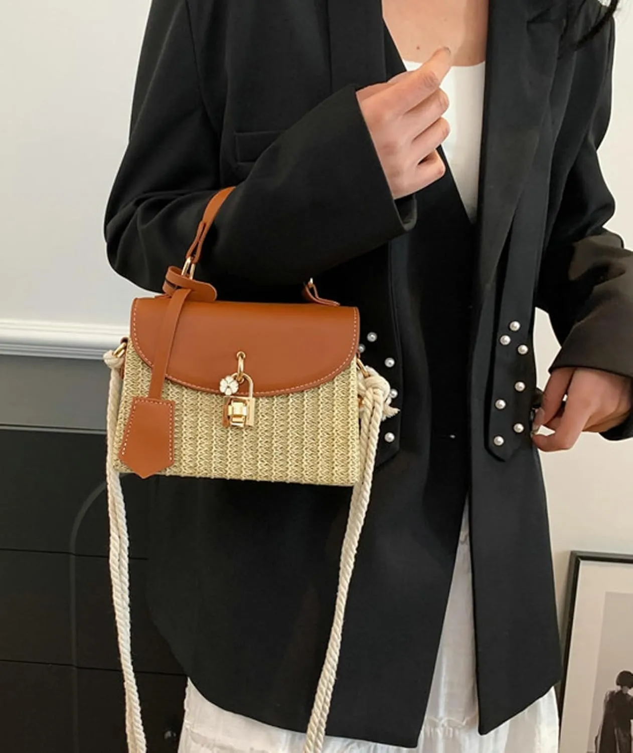 2025 Woven Straw Satchel Crossbody Bag Women Flap Box Shoulder Handbag PU Handle Cotton Rope Strap