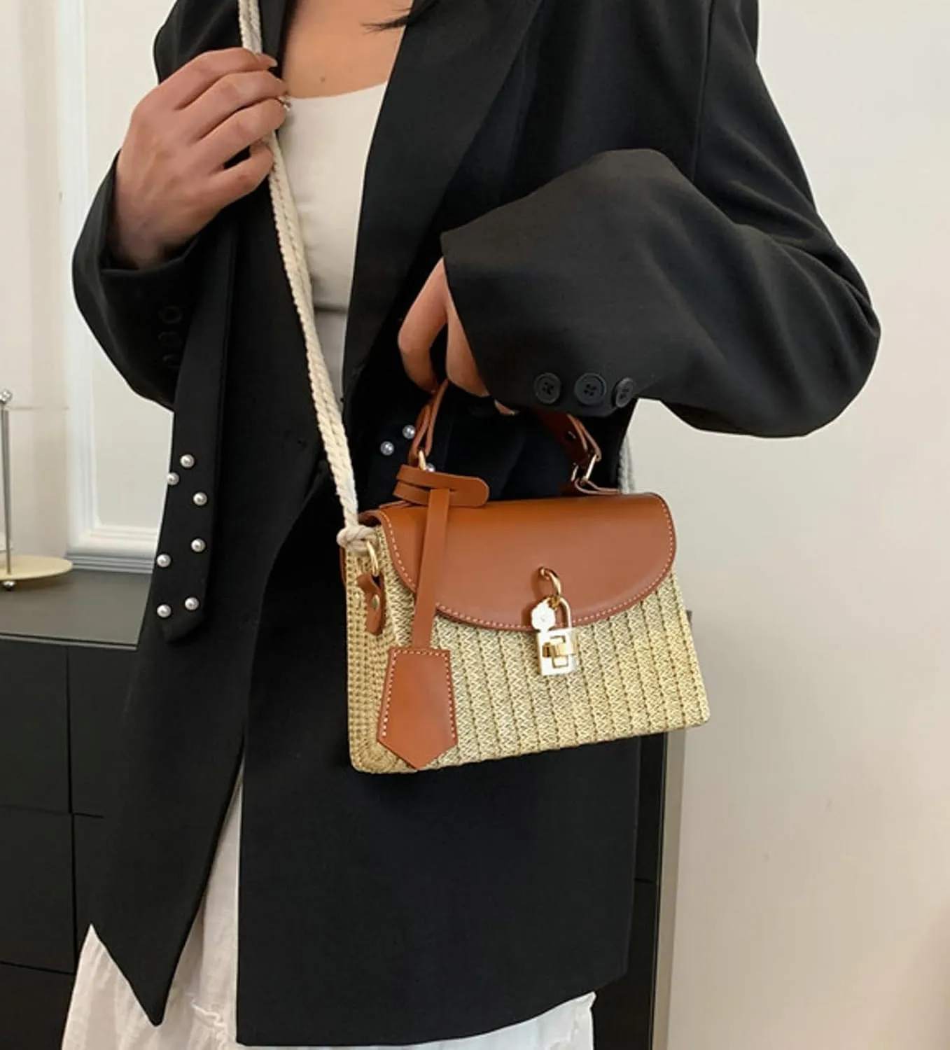 2025 Woven Straw Satchel Crossbody Bag Women Flap Box Shoulder Handbag PU Handle Cotton Rope Strap