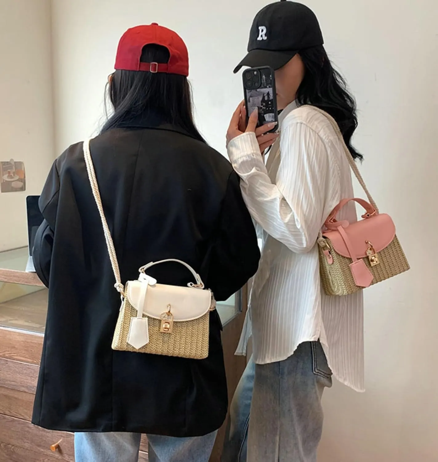2025 Woven Straw Satchel Crossbody Bag Women Flap Box Shoulder Handbag PU Handle Cotton Rope Strap