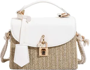 2025 Woven Straw Satchel Crossbody Bag Women Flap Box Shoulder Handbag PU Handle Cotton Rope Strap