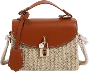 2025 Woven Straw Satchel Crossbody Bag Women Flap Box Shoulder Handbag PU Handle Cotton Rope Strap