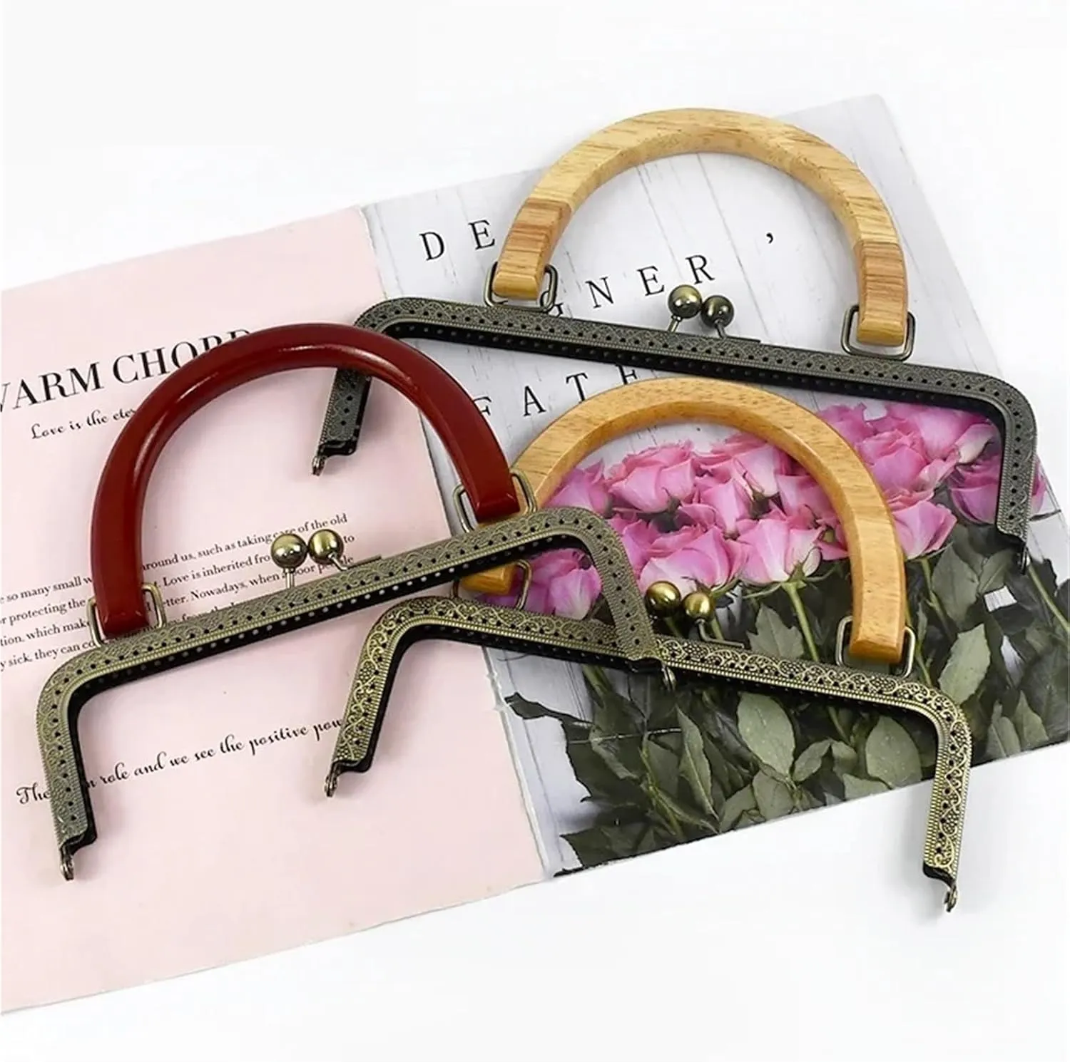 20/25cm Metal Square Kiss Clasp Handles Embossed/Smooth Purse Frames Wooden Handle Bags Brackets Wallet Framework(25cm-B)