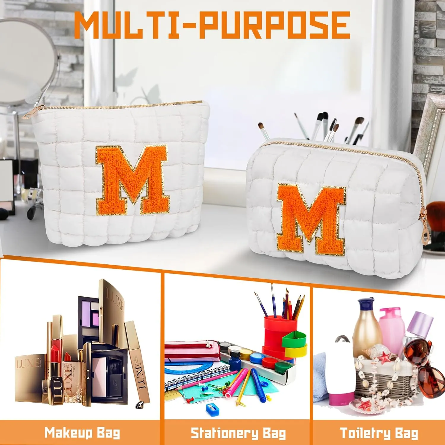 2PCS Initial Checkered Makeup Bag, Quilted Cosmetic Bag, Cute Make up Pouch for Purse, Travel Toiletry Storage Bag for Women Preppy Teen Girls Gift Trendy Stuff Gift (White A)