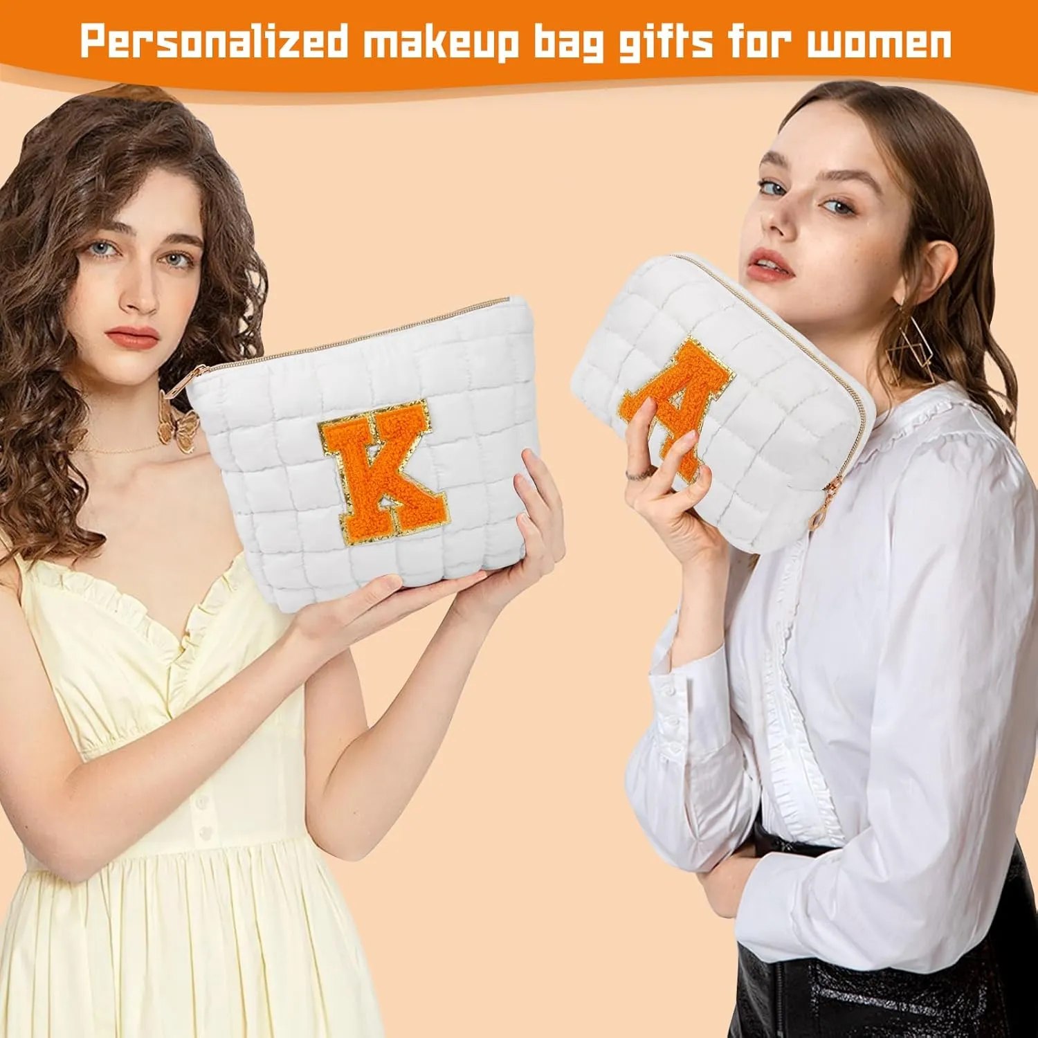 2PCS Initial Checkered Makeup Bag, Quilted Cosmetic Bag, Cute Make up Pouch for Purse, Travel Toiletry Storage Bag for Women Preppy Teen Girls Gift Trendy Stuff Gift (White A)