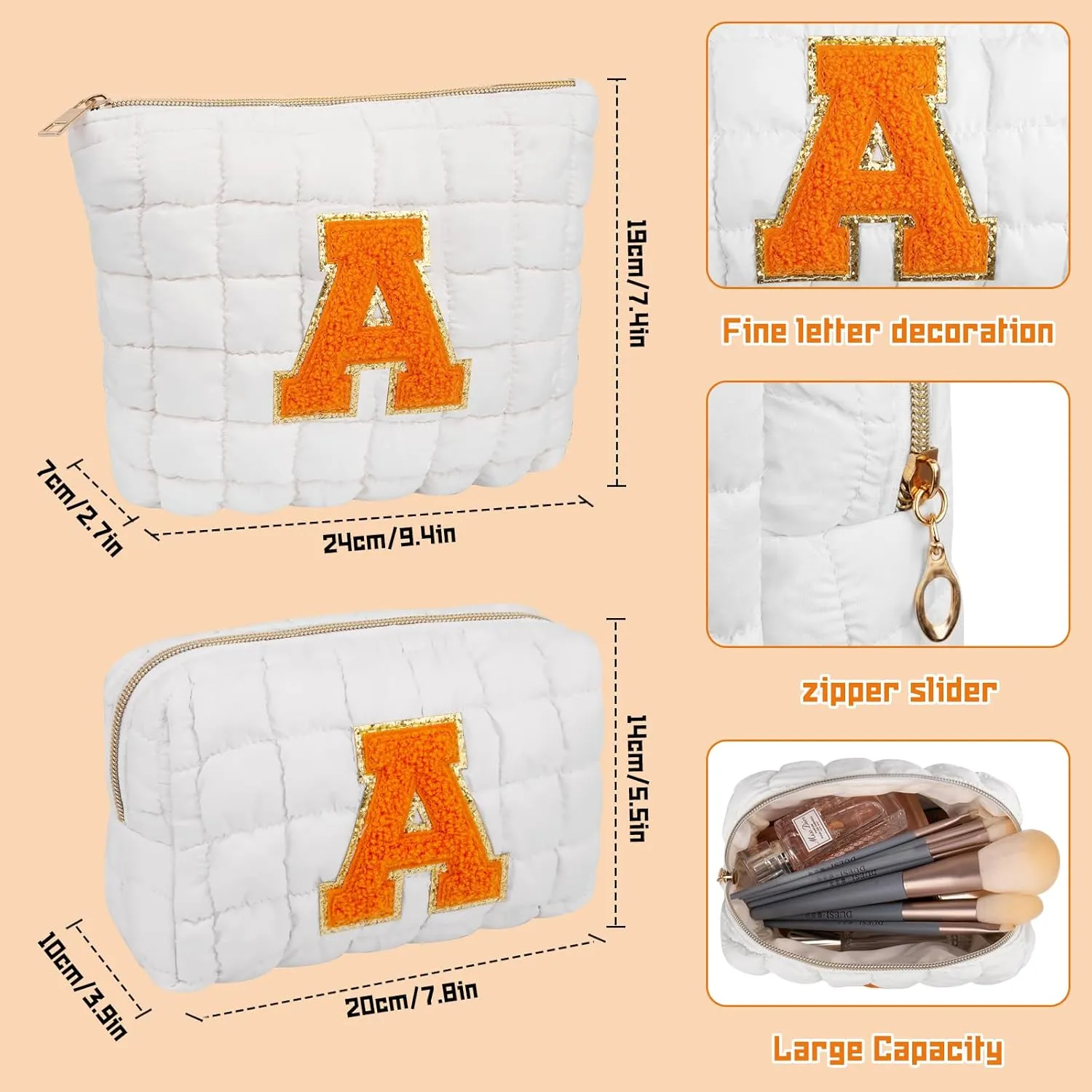 2PCS Initial Checkered Makeup Bag, Quilted Cosmetic Bag, Cute Make up Pouch for Purse, Travel Toiletry Storage Bag for Women Preppy Teen Girls Gift Trendy Stuff Gift (White A)