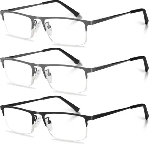 3-Pack Reading Glasses for Men, Lightweight Metal Half Frame Blue Light Blocking Computer Readers, Stylish Filter UV Ray/Computer Glare with Spring Hinge Eyeglasses(2 Gray 1 Black, 1.0)
