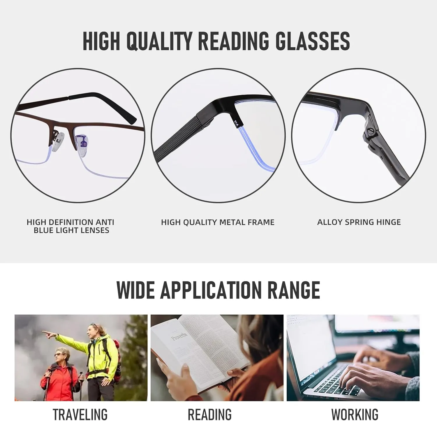 3-Pack Reading Glasses for Men, Lightweight Metal Half Frame Blue Light Blocking Computer Readers, Stylish Filter UV Ray/Computer Glare with Spring Hinge Eyeglasses(2 Gray 1 Black, 1.0)