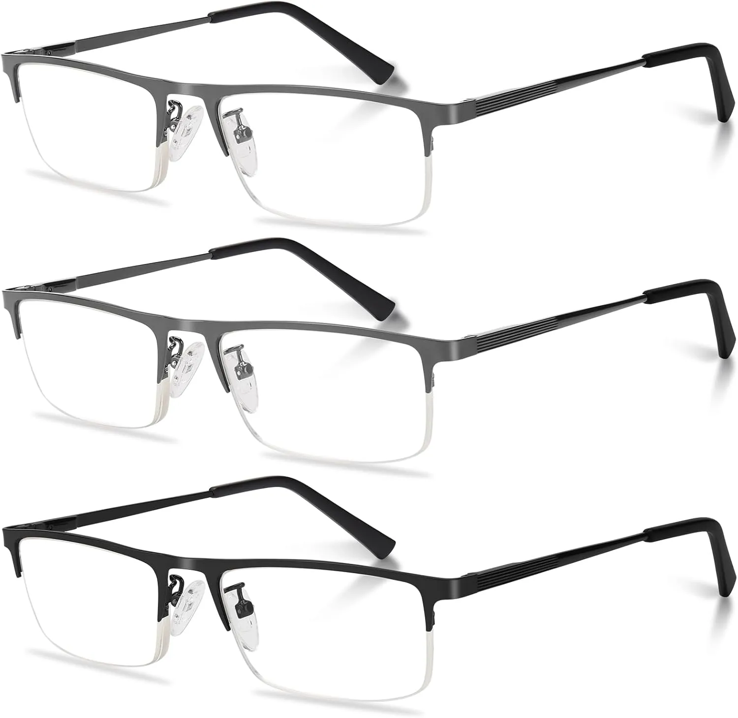 3-Pack Reading Glasses for Men, Lightweight Metal Half Frame Blue Light Blocking Computer Readers, Stylish Filter UV Ray/Computer Glare with Spring Hinge Eyeglasses(2 Gray 1 Black, 1.0)