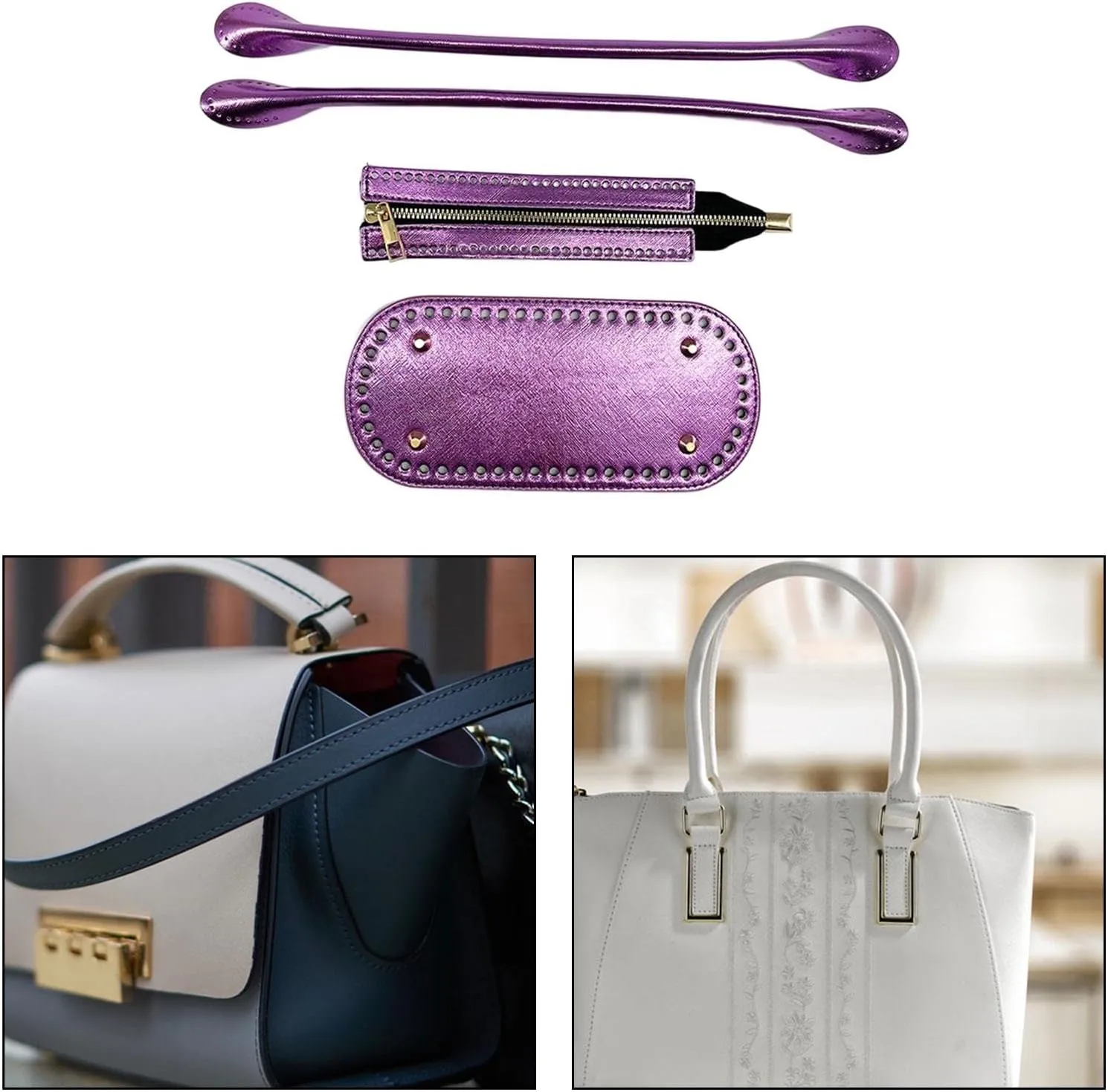 3Pcs Crochet Bag Bottom with Straps and Zipper, with Holes Bottom Pad for Bag, Knitting Bag Bottoms, DIY Purse Making Supplies, Violet