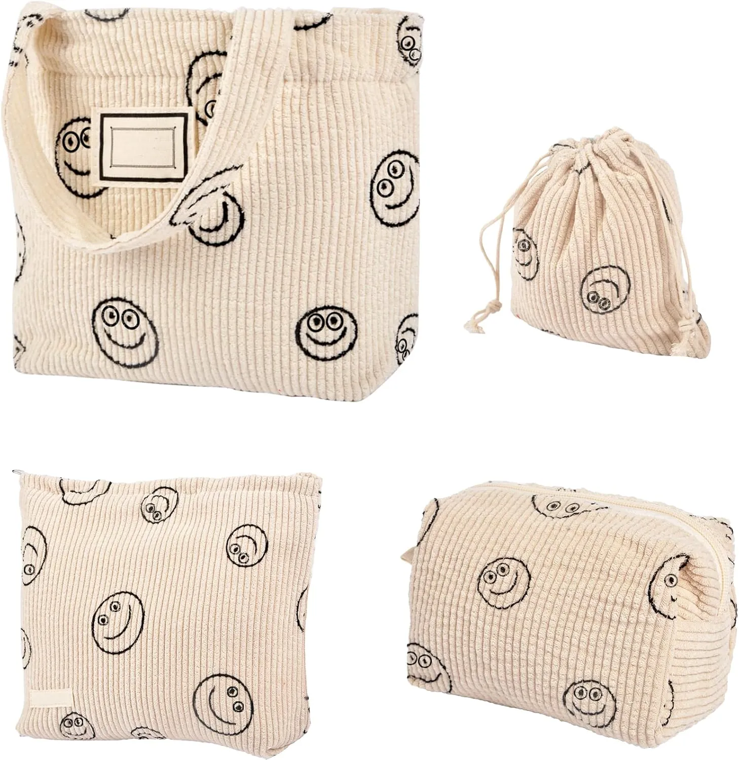 4 Pcs Corduroy Makeup Bag - Lovely Face Handbags, Small Drawstring Cosmetic Pouch, Aesthetic Toiletry Travel Bag for Women Girls