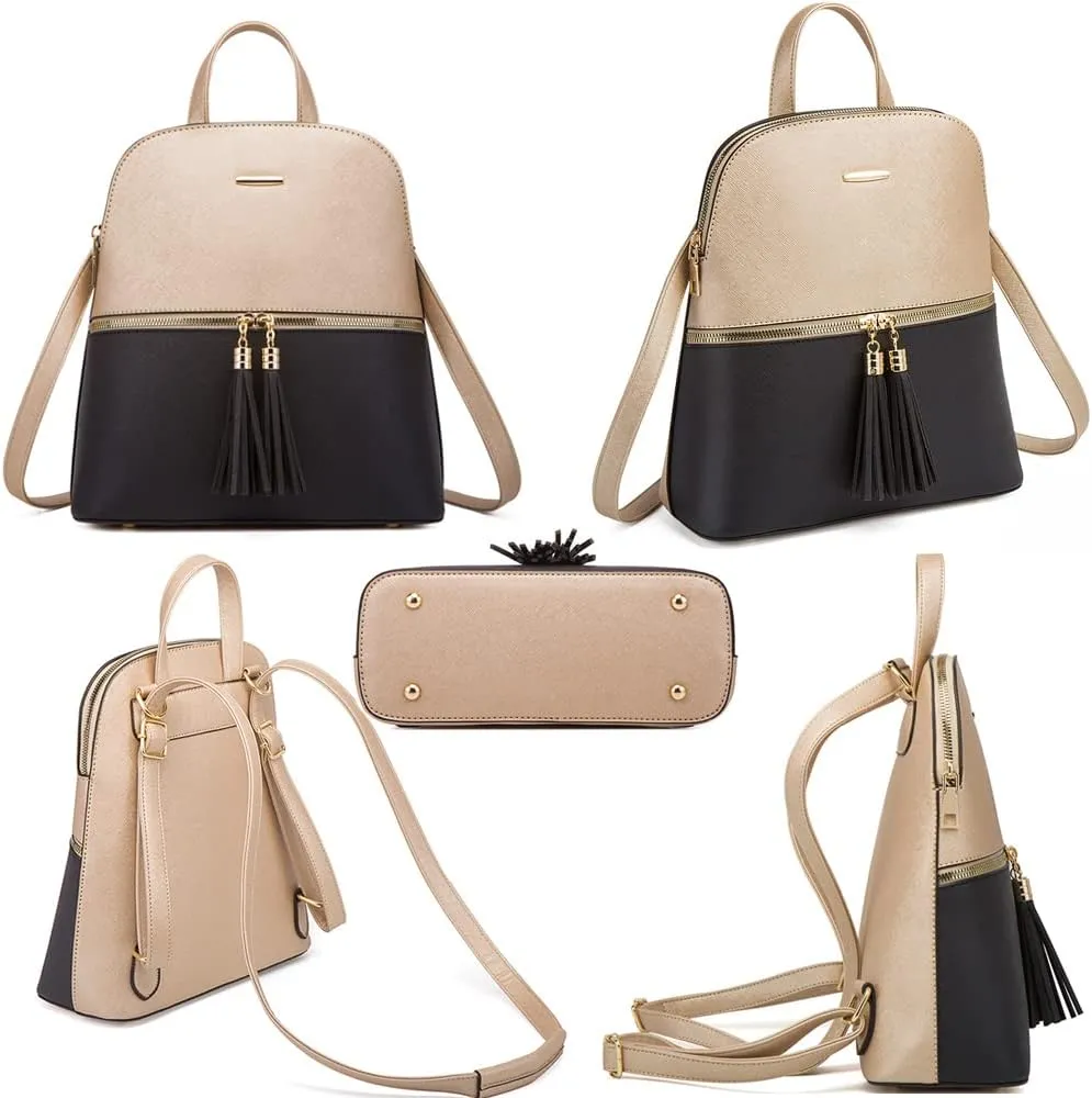 4Pcs Backpack and Purse Sets for Women Vegan Leather Handbags Chain Satchel Crossbody Shoulder Bag Belt Bag Clutch Wallet-Black