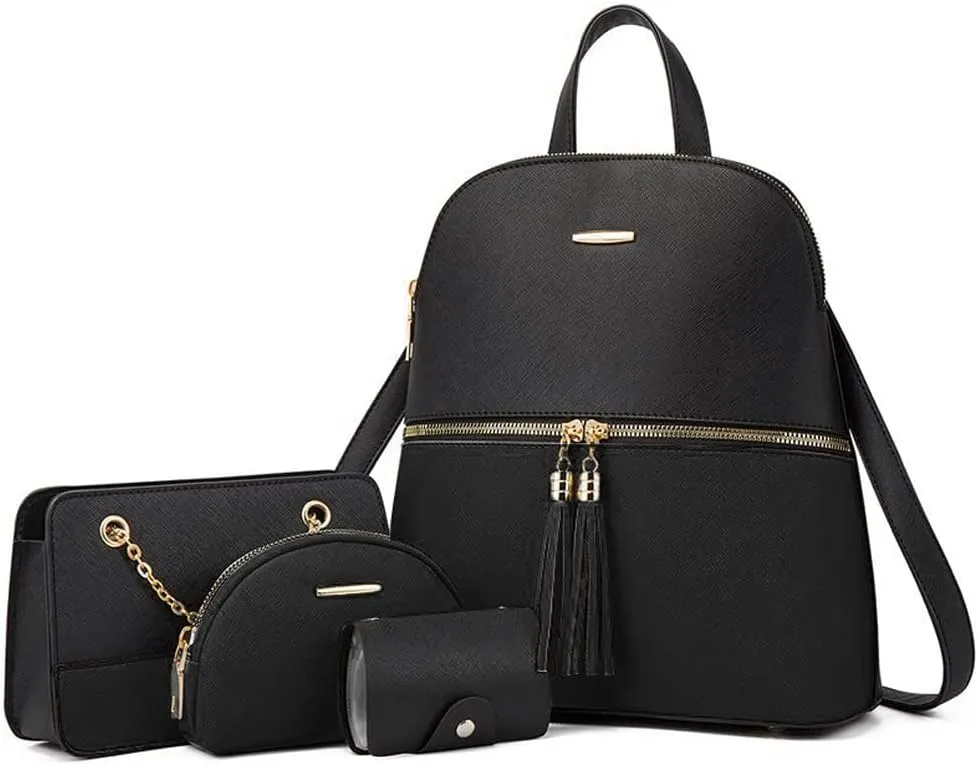 4Pcs Backpack and Purse Sets for Women Vegan Leather Handbags Chain Satchel Crossbody Shoulder Bag Belt Bag Clutch Wallet-Black