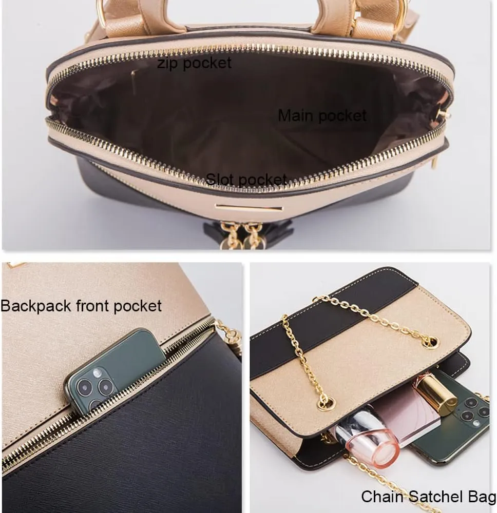 4Pcs Backpack and Purse Sets for Women Vegan Leather Handbags Chain Satchel Crossbody Shoulder Bag Belt Bag Clutch Wallet-Black