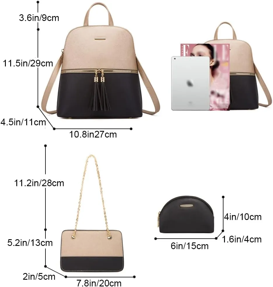 4Pcs Backpack and Purse Sets for Women Vegan Leather Handbags Chain Satchel Crossbody Shoulder Bag Belt Bag Clutch Wallet-Black