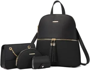 4Pcs Backpack and Purse Sets for Women Vegan Leather Handbags Chain Satchel Crossbody Shoulder Bag Belt Bag Clutch Wallet-Black