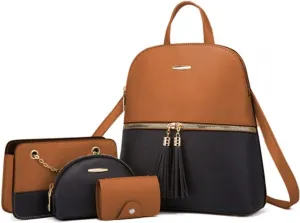 4Pcs Backpack and Purse Sets for Women Vegan Leather Handbags Chain Satchel Crossbody Shoulder Bag Belt Bag Clutch Wallet-Brown