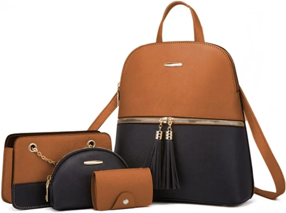 4Pcs Backpack and Purse Sets for Women Vegan Leather Handbags Chain Satchel Crossbody Shoulder Bag Belt Bag Clutch Wallet-Brown