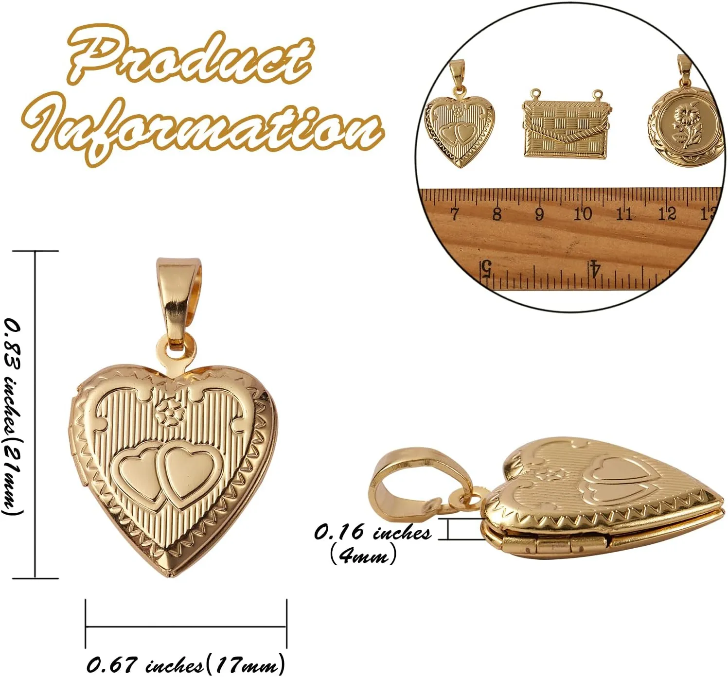 5 Pcs 5 Styles Brass Locket Pendants Photo Frame Charm for Necklace Heart Photo Frame Charm Pendants for DIY Memorial Necklace Making