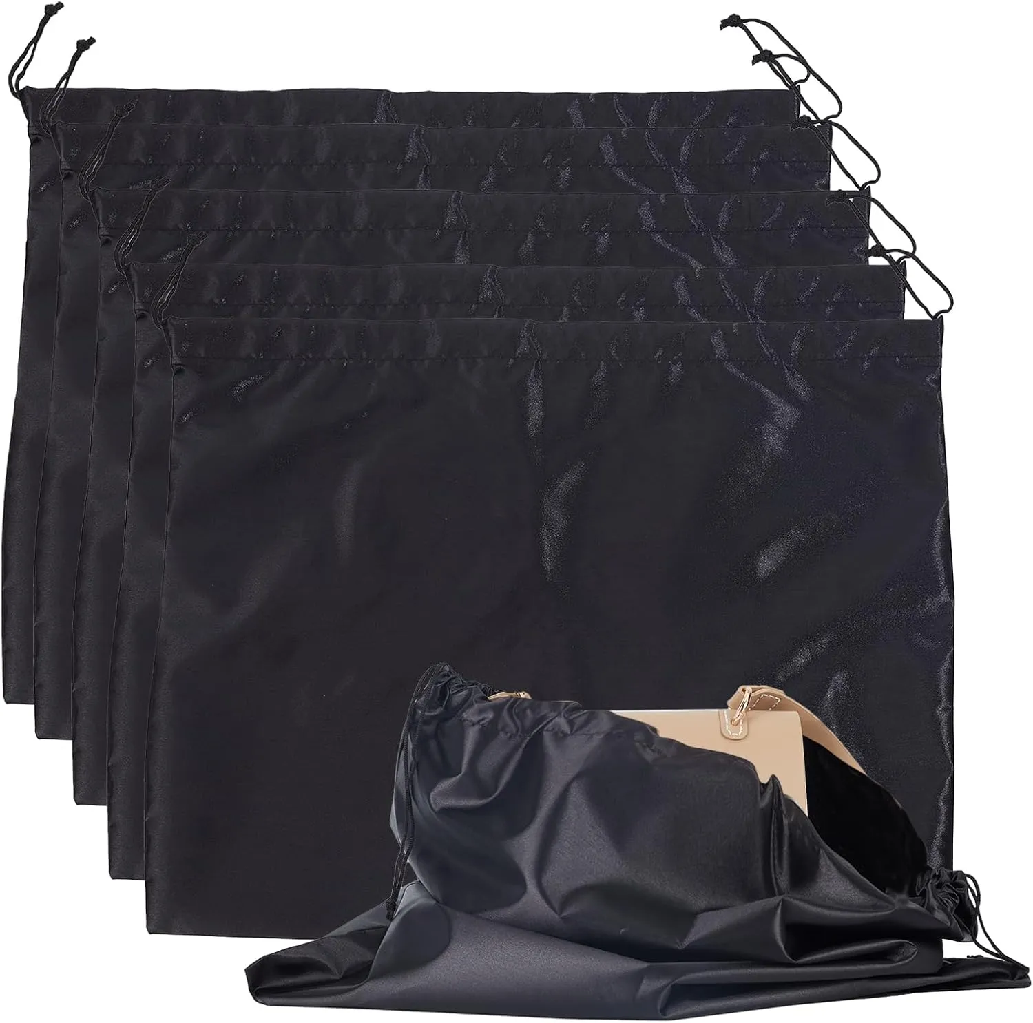 5Pcs 16 x 20 Inches Black Silk Dust Cover Storage Bags, Satin Cloth Dustproof Bag with Drawstring Closure, Travel Storage Pouch for Handbags Purse Shoulder Bags Shoes Boots