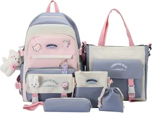 5Pcs Kawaii Cute Backpacks Combo Set with Bear Pendant & Pins - Back To School Supplies Patchwork Bunny Daypack Bag Kit (Blue)
