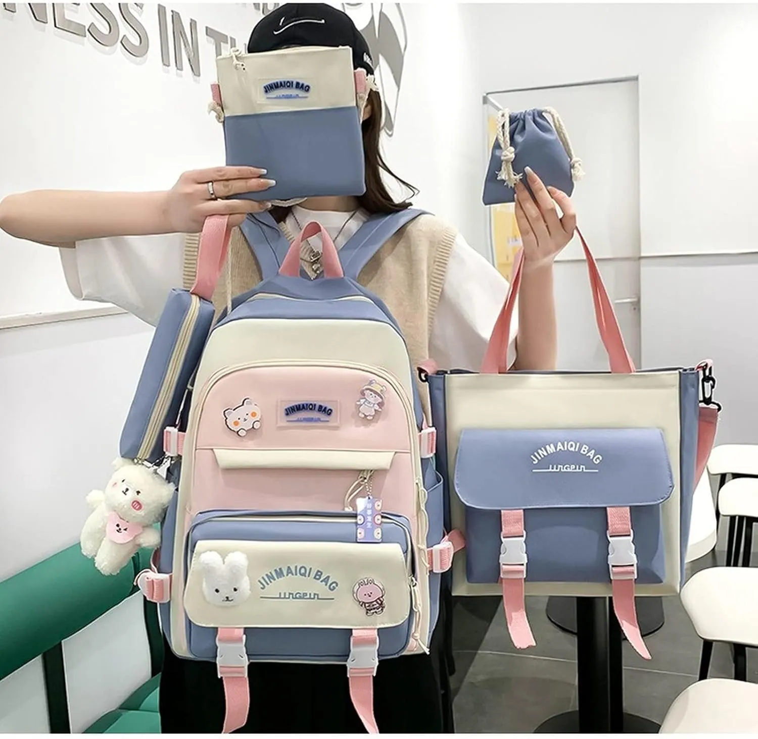 5Pcs Kawaii Cute Backpacks Combo Set with Bear Pendant & Pins - Back To School Supplies Patchwork Bunny Daypack Bag Kit (Blue)