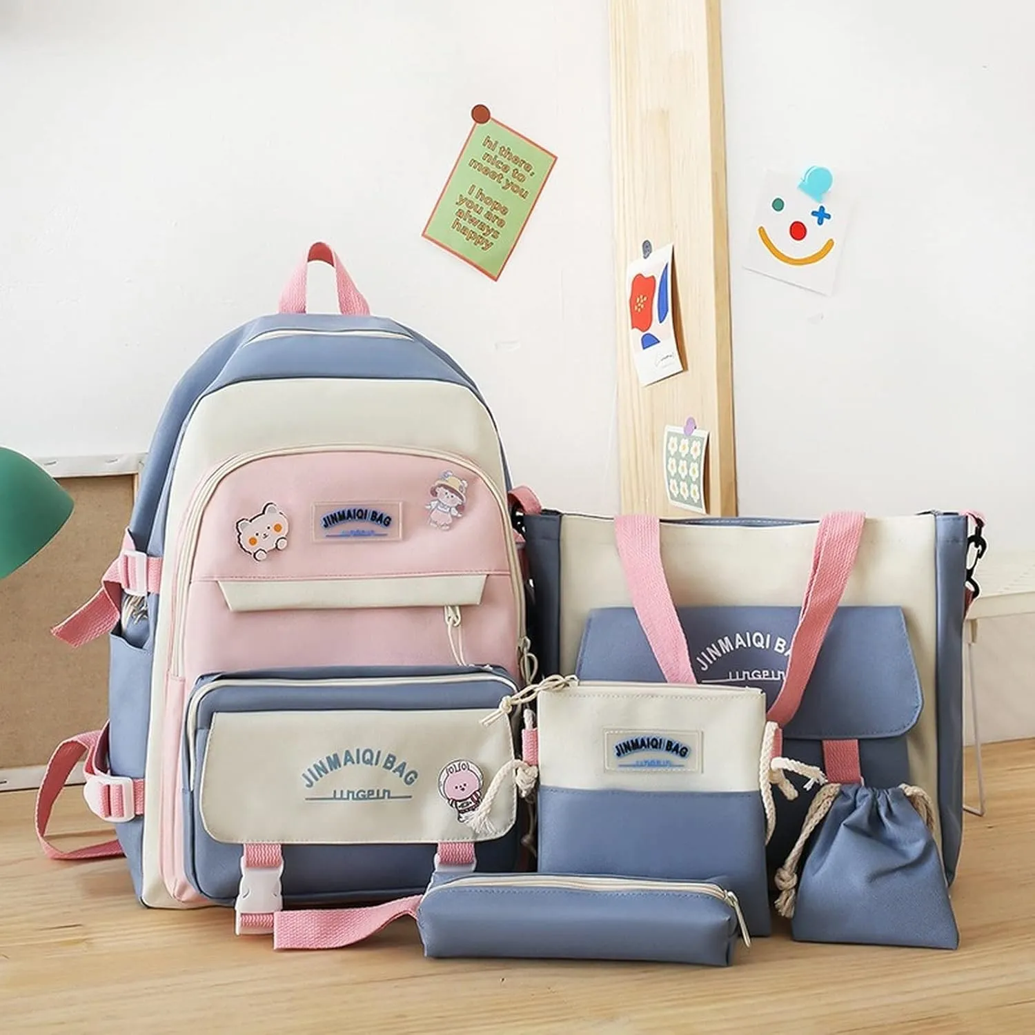5Pcs Kawaii Cute Backpacks Combo Set with Bear Pendant & Pins - Back To School Supplies Patchwork Bunny Daypack Bag Kit (Blue)