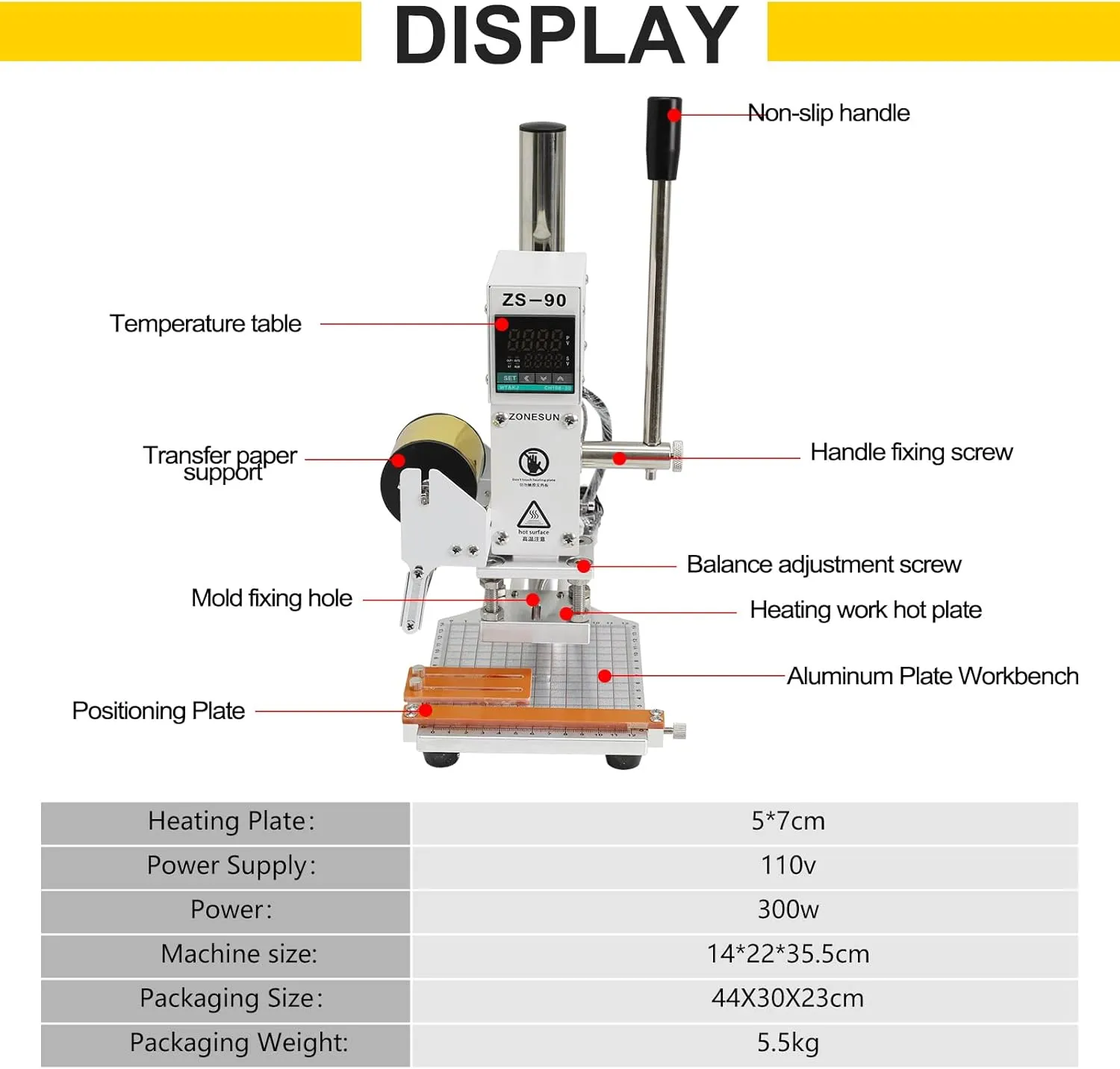 5x7cm Digital Embossing Machine Hot Foil Stamping Machine Manual Tipper Stamper for PVC Leather Pu and Paper Stamping with Paper Holder and Scale