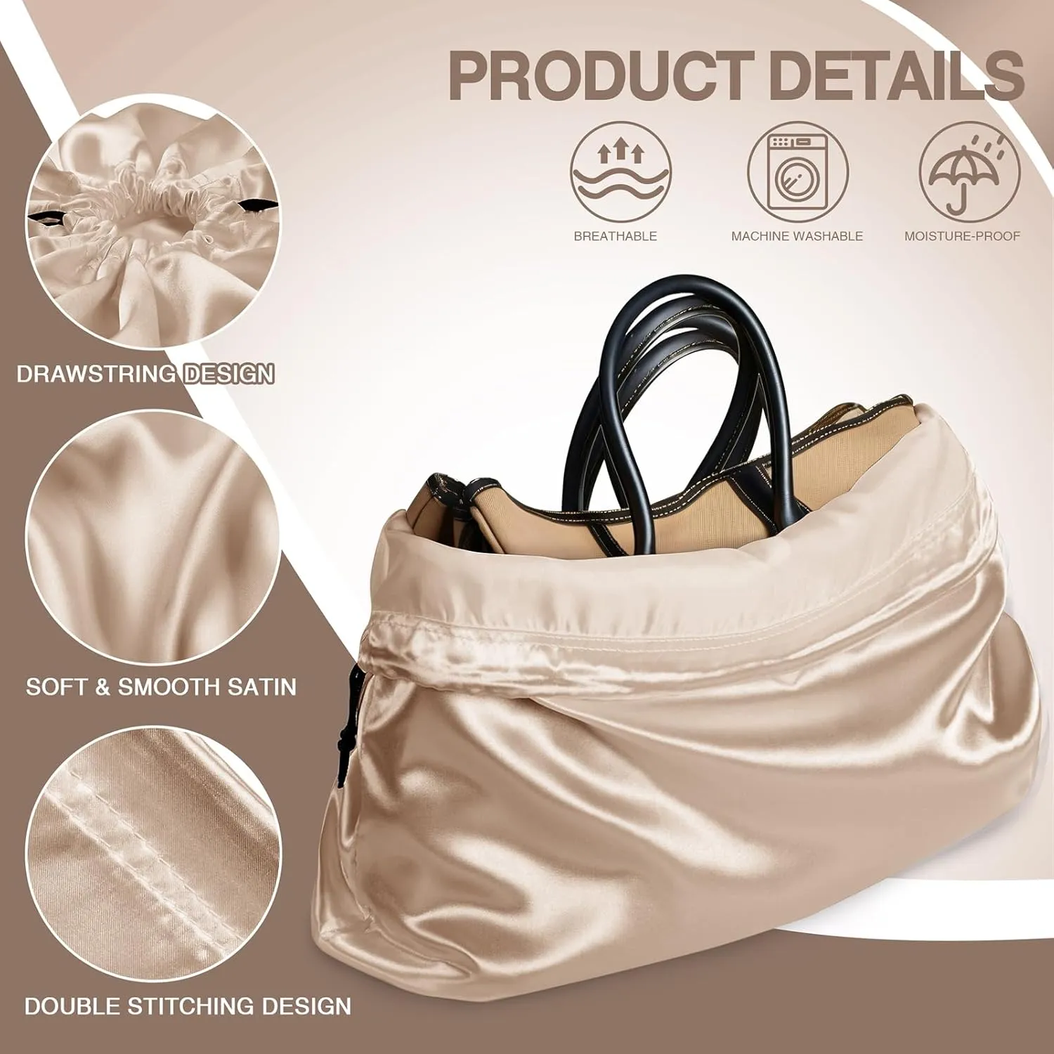 6 Pack Silky Dust Bags for Handbags, Amber Beige Satin Dust Cover Bag Silk Drawstring Bag Handbag Protector Travel Storage Pouch for Purse Shoes Boots(19.6 x 15.7 In   23.6 x 19.6 In)