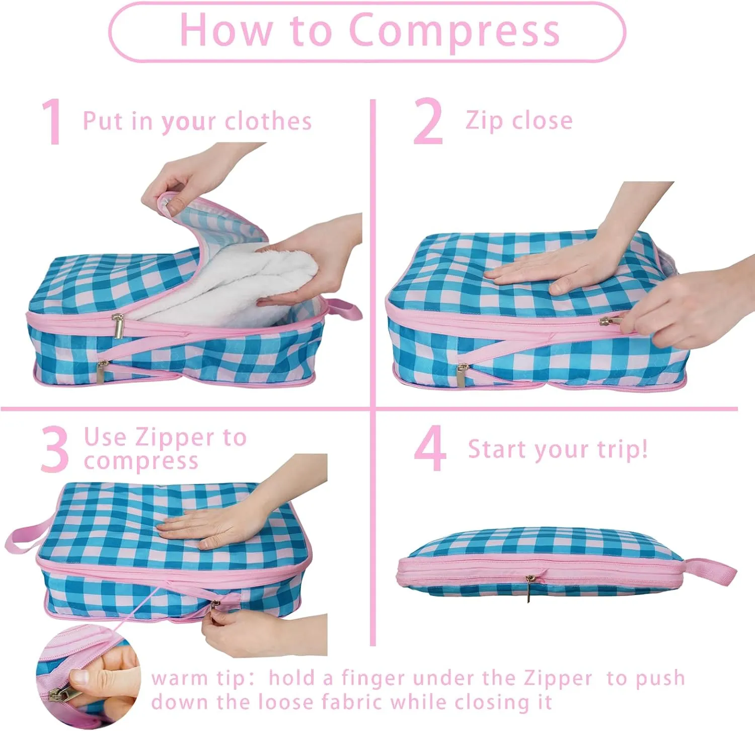 6 Pcs Compression Packing Cubes for Travel Suitcases, Waterproof Luggage Organizer Bags Set, Washable Packaging Cubes for Women Backpack Travel Perfect for Carry-Ons and Storage