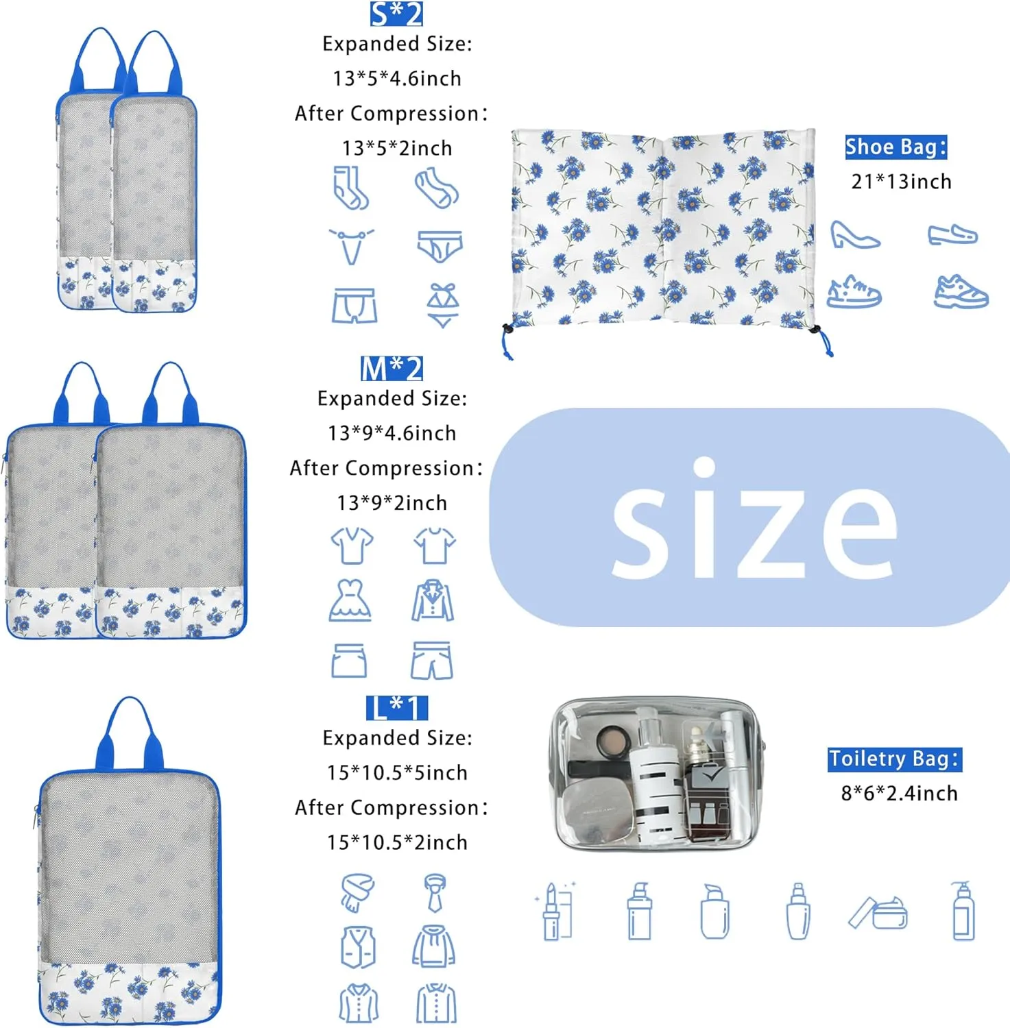 7 Pcs Compression Packing Cubes for Travel Luggage, Lightweight Suitcase Organizer Bags Set, Compression Packaging Cube for Travel Essentials, Packing Cubes for Carry on Suitcase