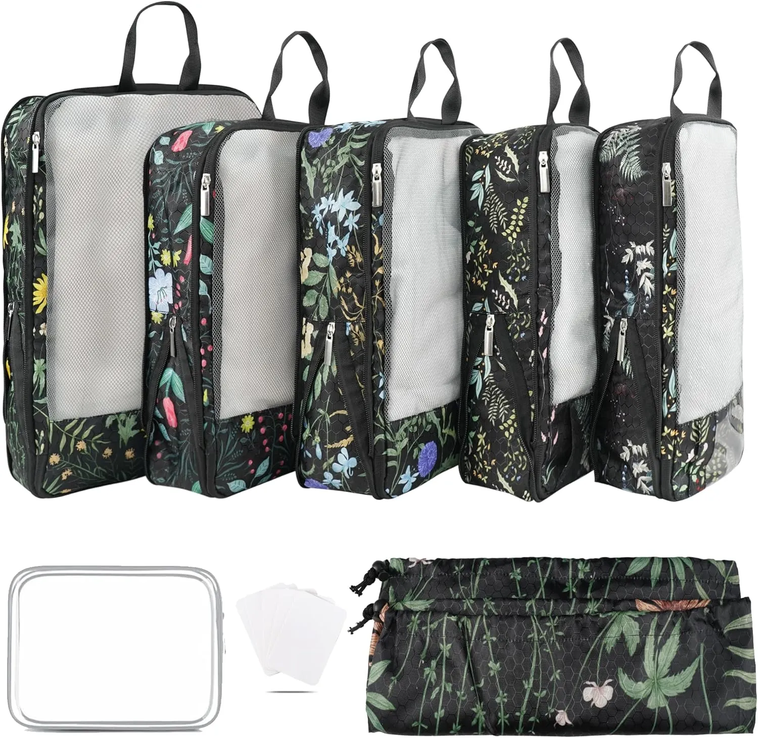 7 Pcs Compression Packing Cubes Travel for Suitcases, Luggage Organizer Lightweight Storage Bags Set for Backpack Travel- Packaging Cubes for Carry-Ons and Storage (black green)