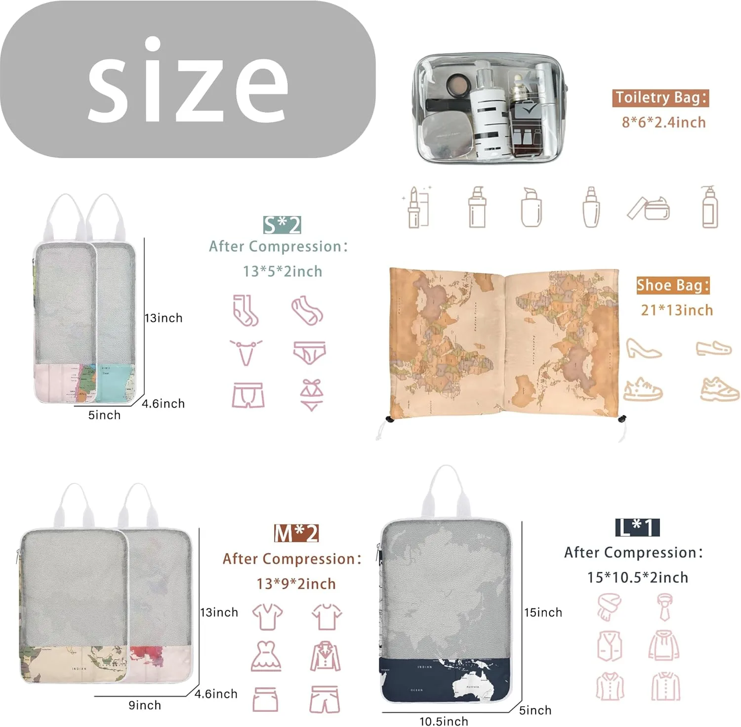 7 Pcs Compression Packing Cubes Travel for Suitcases, Luggage Organizer Washable Storage Bags Set for Backpack Travel- Packaging Cubes for Carry-Ons and Storage